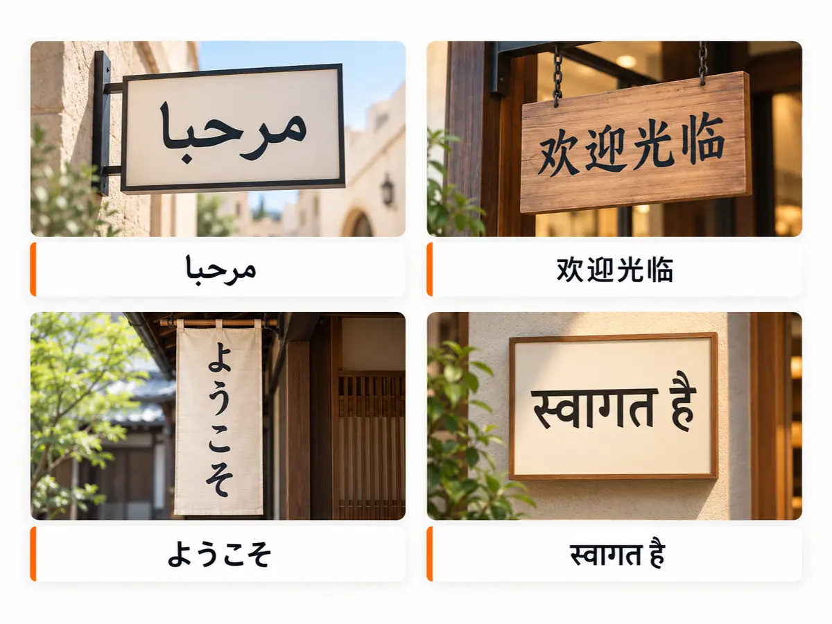 阿拉伯文、中文、竖排日文和印地文招牌,下方是提取出的文字